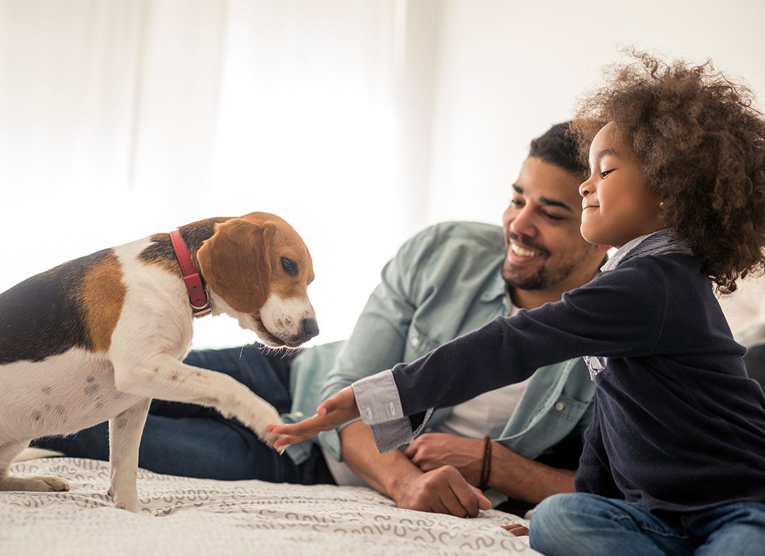Personal Insurance - A Father and Young Daughter Sit on a Bed as They Play With Their Dog at Home